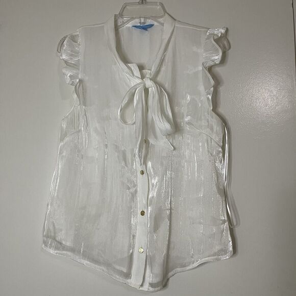 Draper James shiny white pearl button down tie collar blouse top Small - Picture 1 of 5